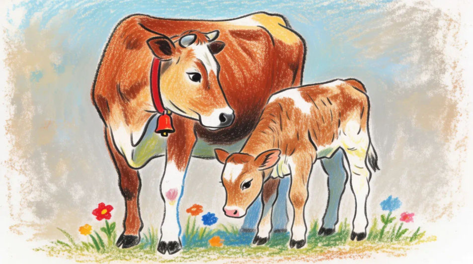 Cow and calf in a meadow