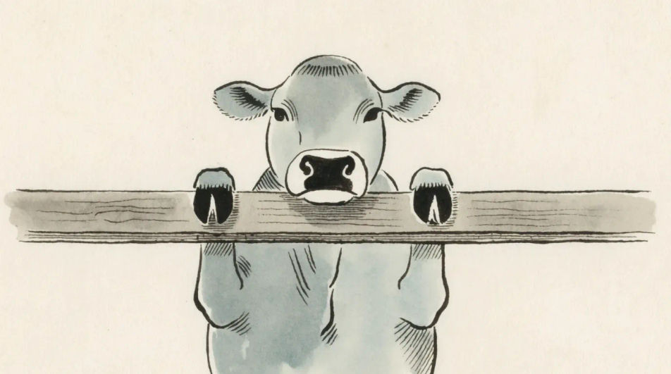 Cow peeking over a fence
