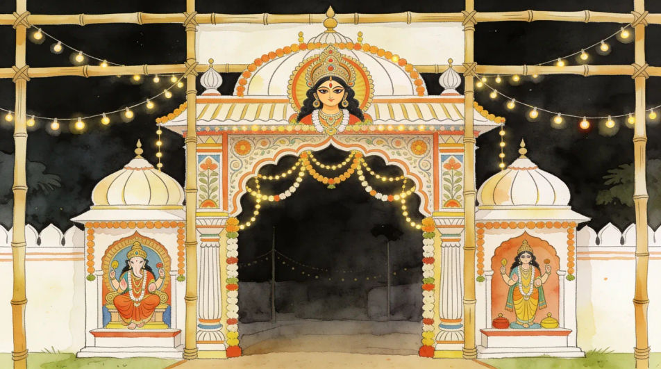 Pandal entrance in ink and wash