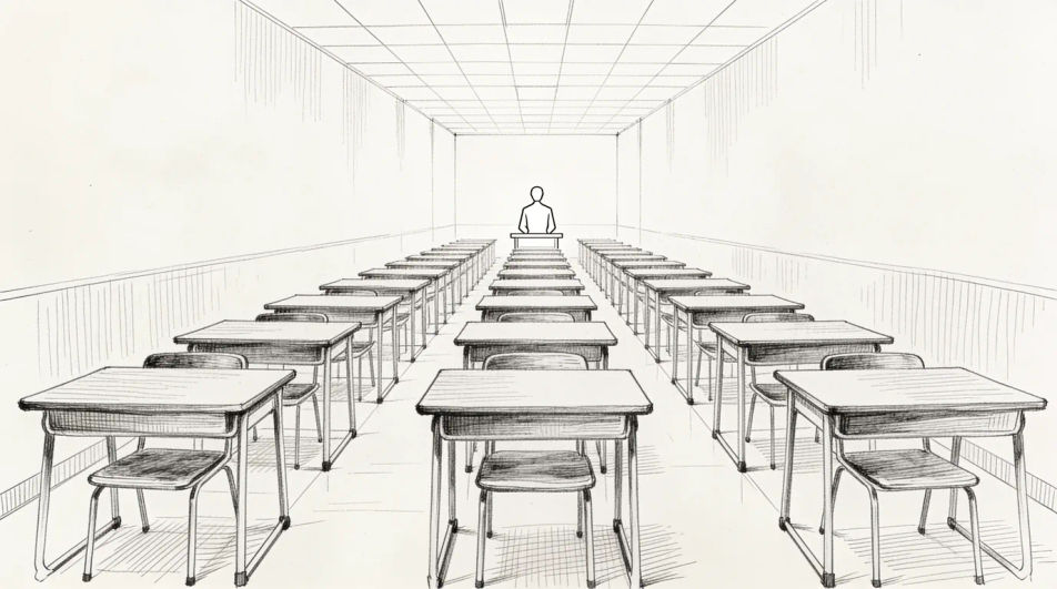 Exam hall in one-point perspective