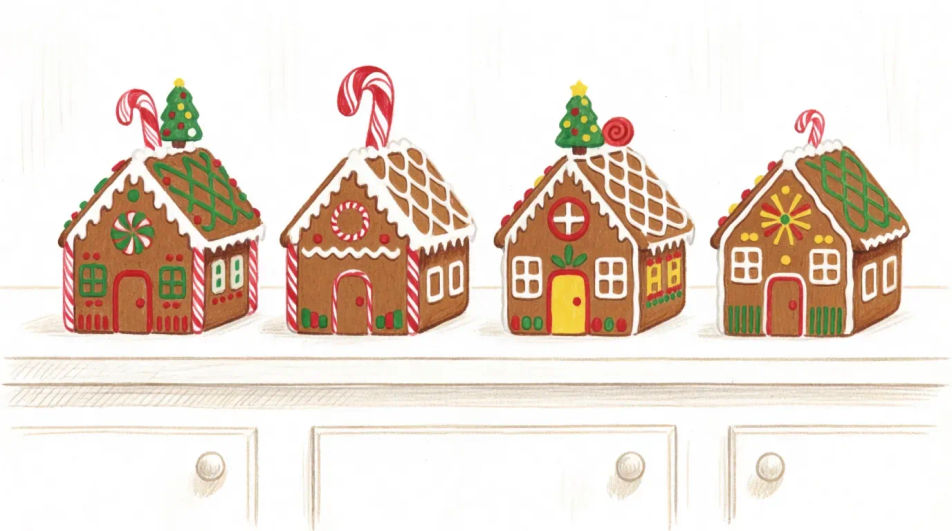 Row of houses on a bakery counter