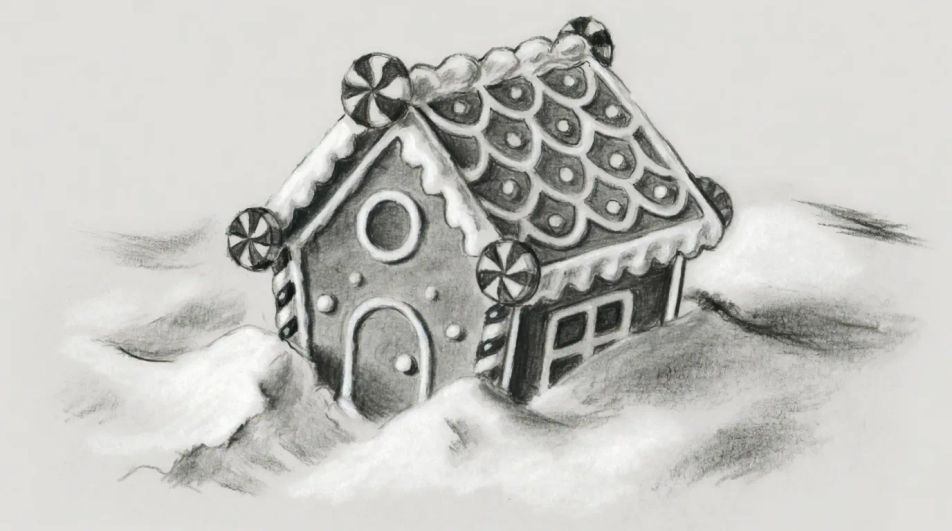 Snowbound cottage in charcoal