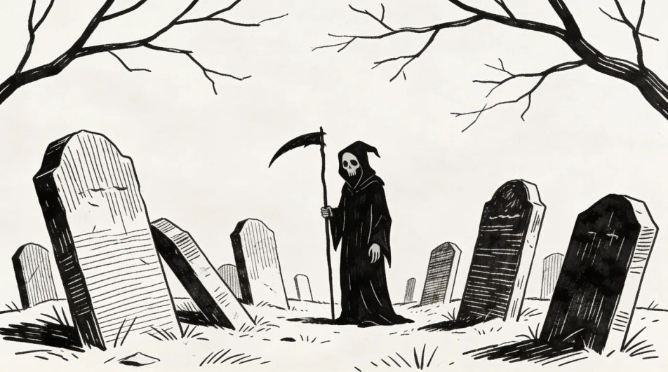 Reaper in a graveyard