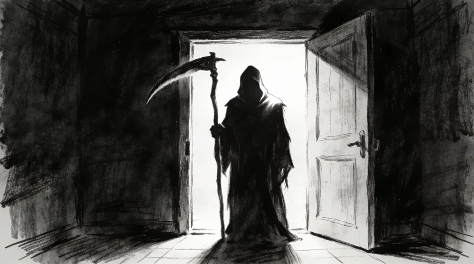 Reaper at the door in charcoal