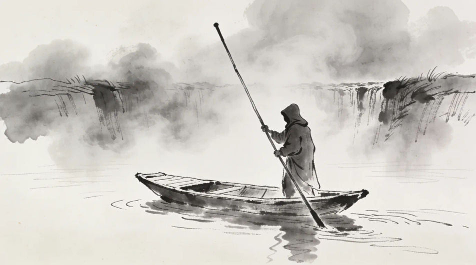 Ferryman on still water in ink and wash