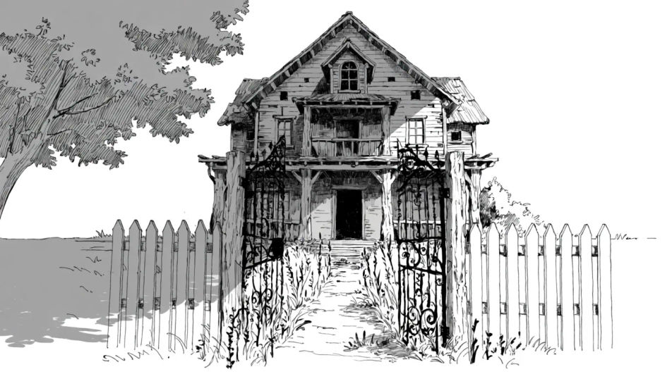 Overgrown front gate in ink and wash