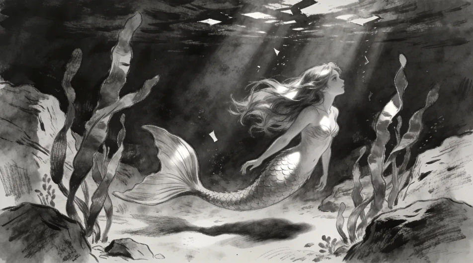 Underwater grotto in charcoal