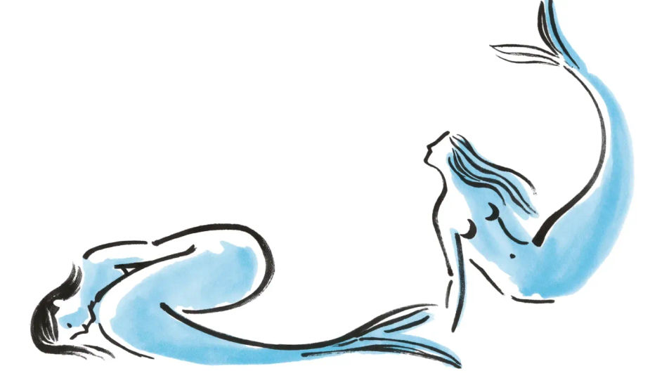 Two mermaids in ink and wash