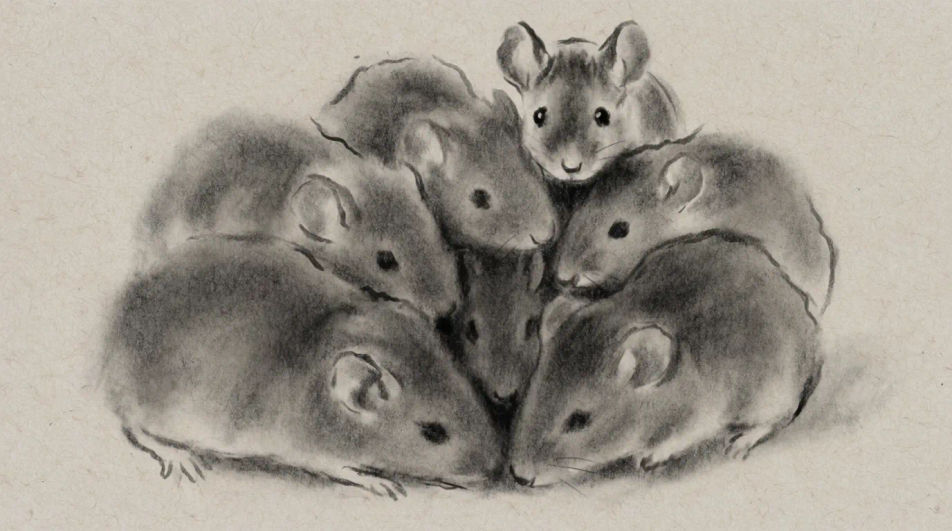 Nest of mice in charcoal