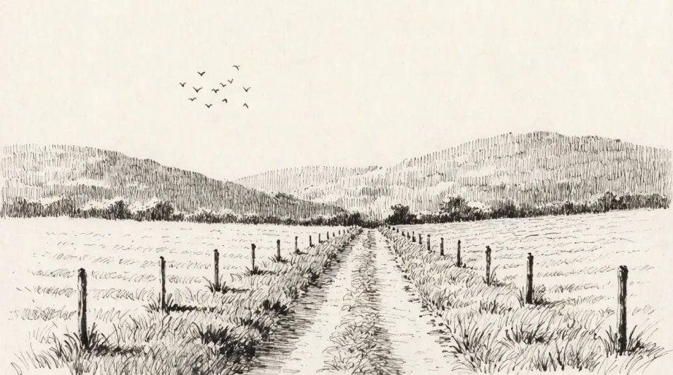 Village path and fields