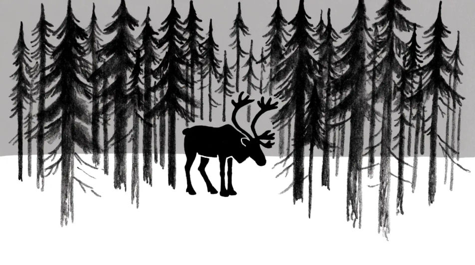 Reindeer at a treeline in ink and wash
