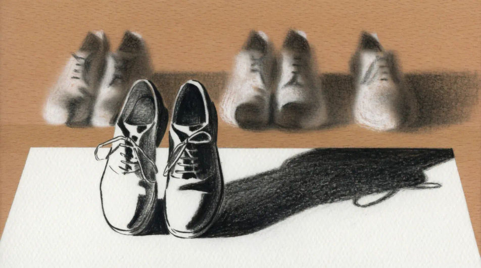 Rack of mixed footwear in charcoal