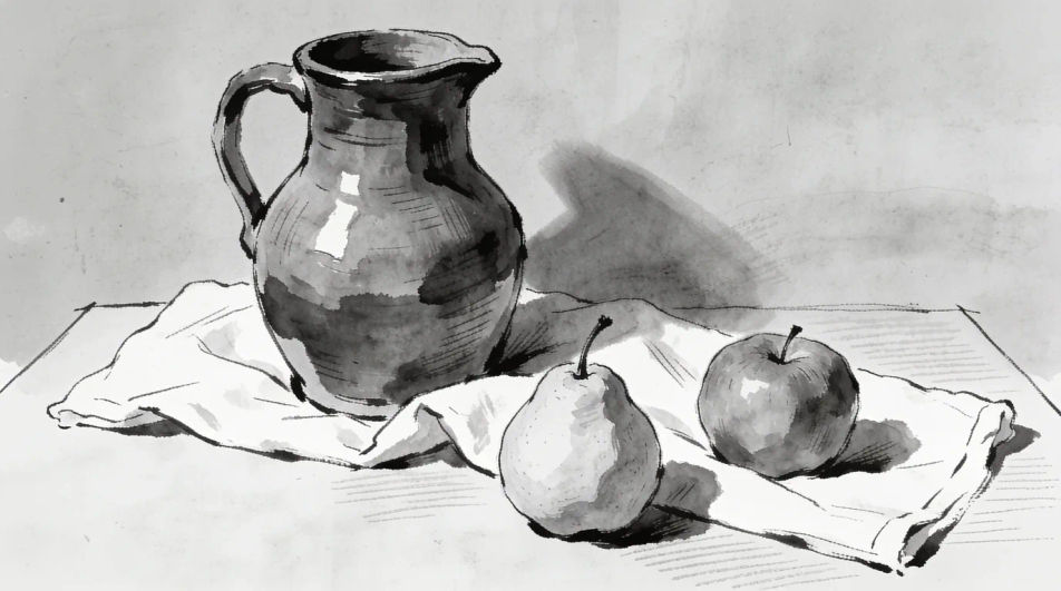 Still life setup in ink and wash