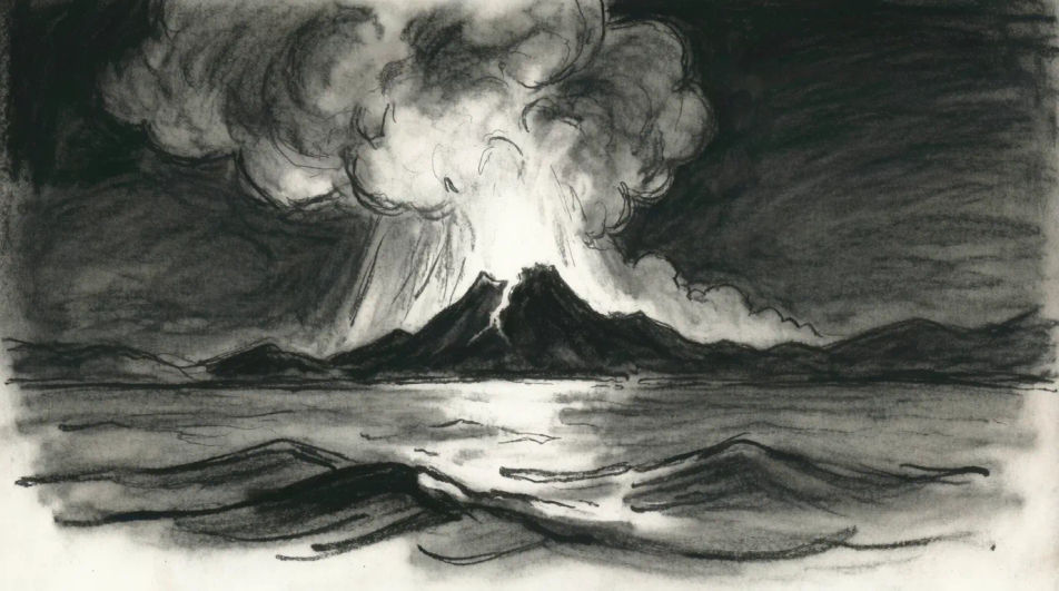 Eruption over a dark bay