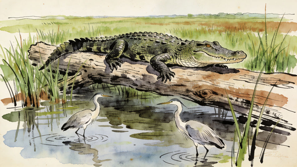 Alligator and herons