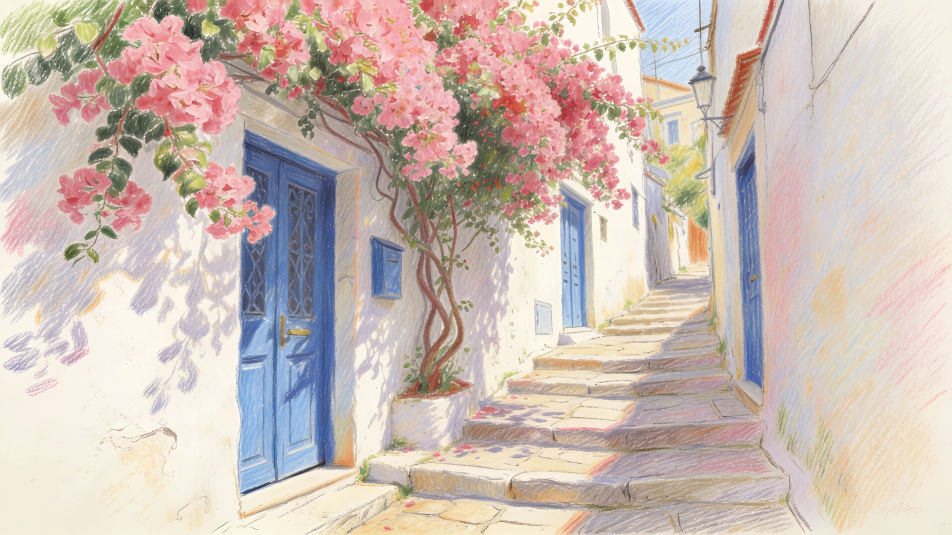 Plaka lane with bougainvillea