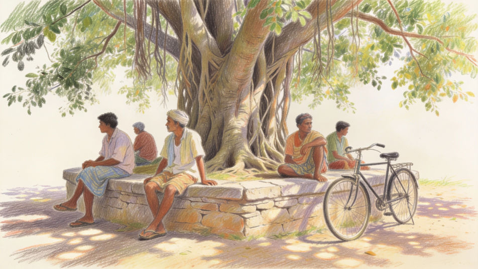 Village square under a banyan tree