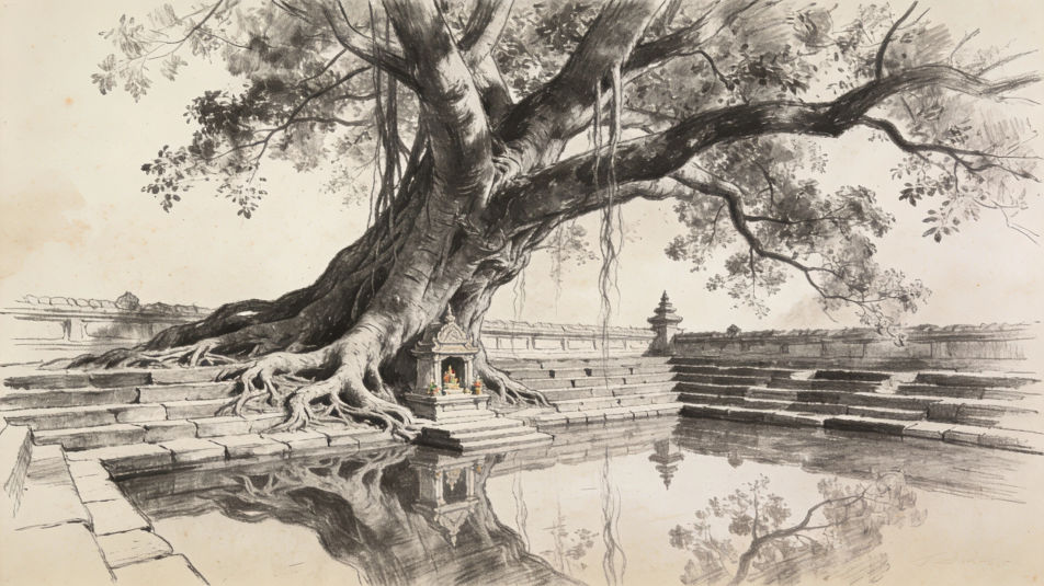 Banyan tree beside a temple pond
