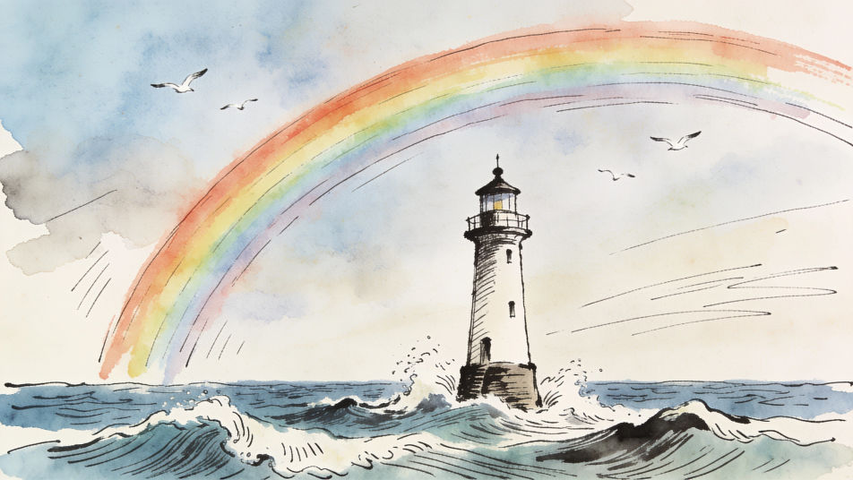 Coastal rainbow at sea