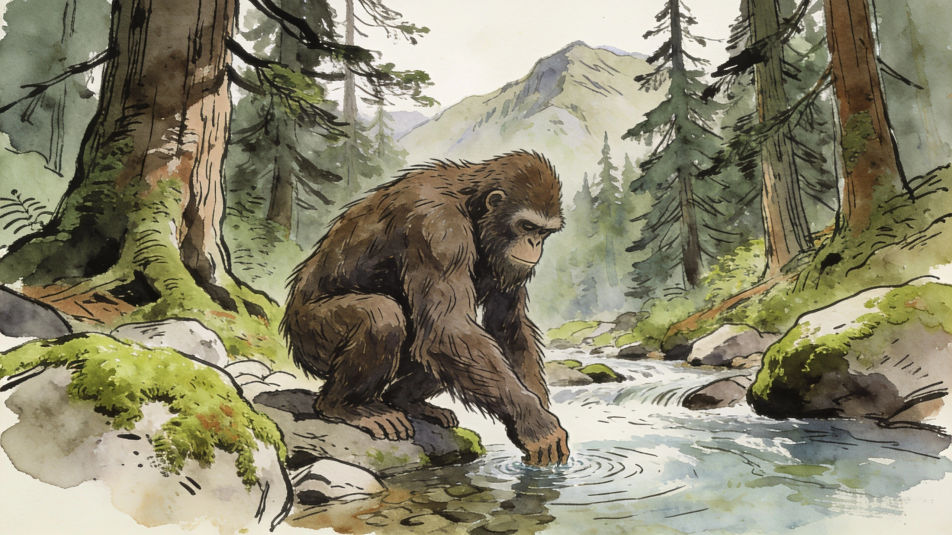 Bigfoot by a mountain stream