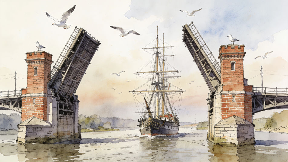 Drawbridge raised for a ship