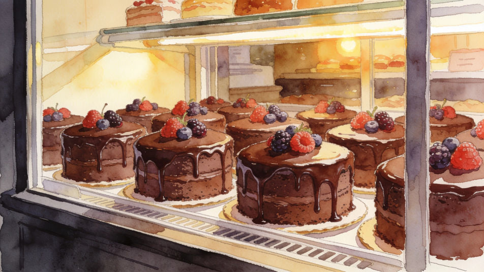 Bakery window chocolate cakes