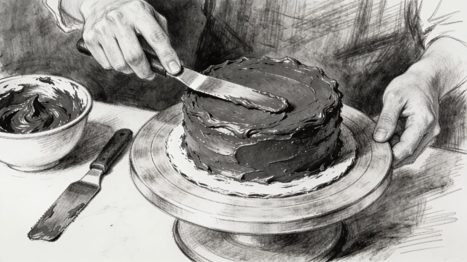 Frosting a chocolate cake