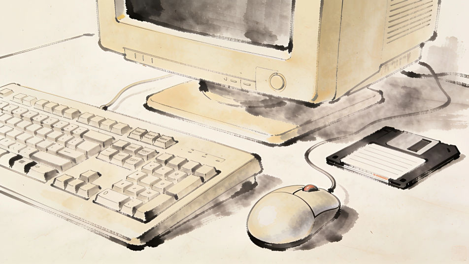 Old computer with a ball mouse