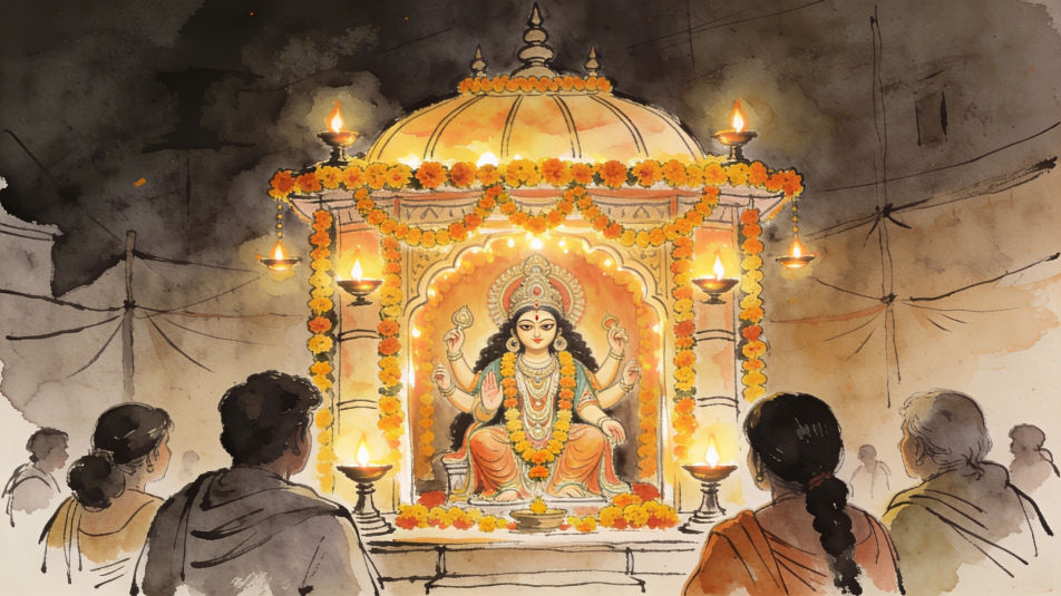 Durga Puja pandal at night