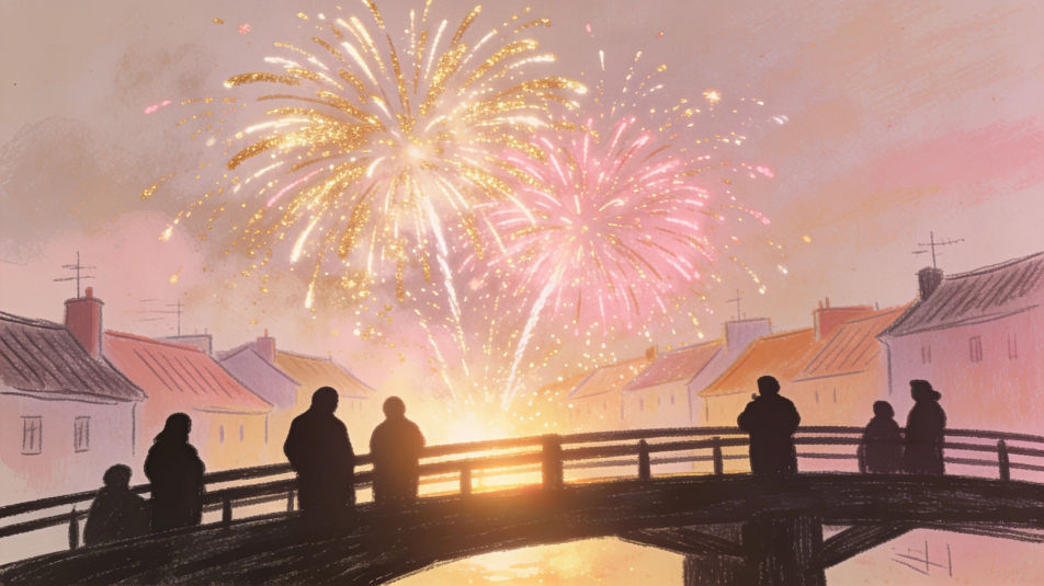 Festival fireworks over a town