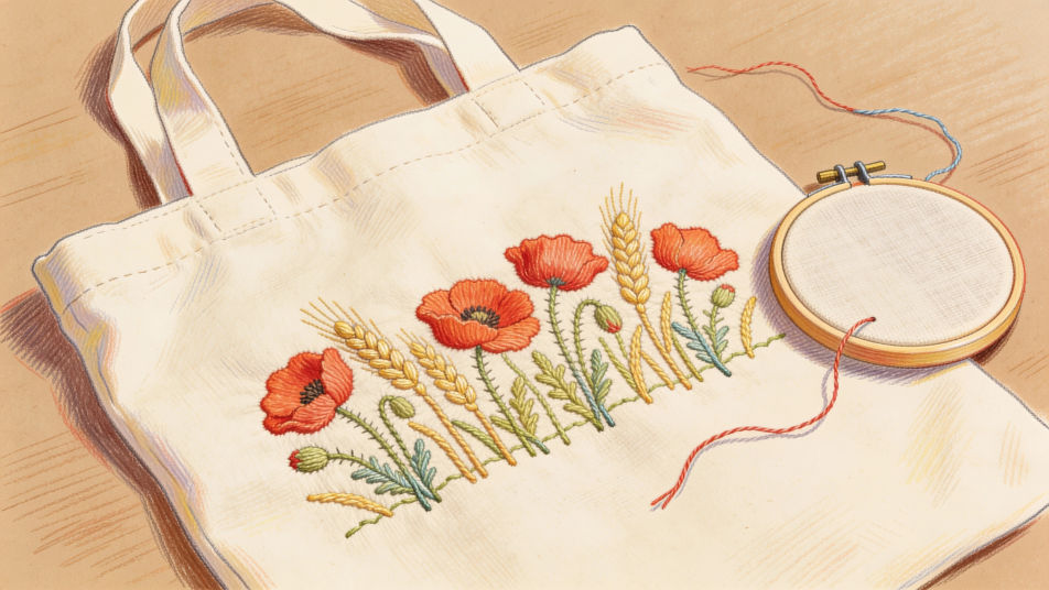 Floral embroidery on a tote bag