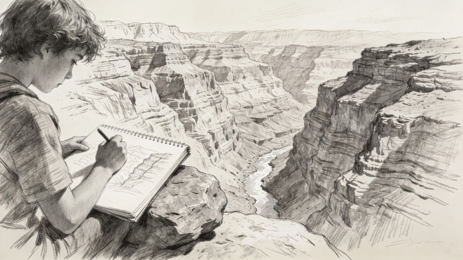 Field sketching a canyon