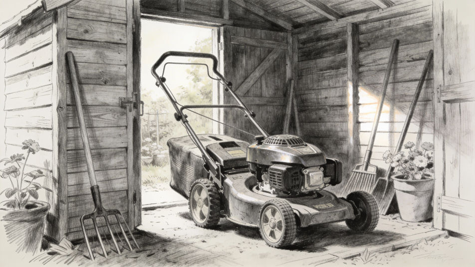 Lawn mower in the garden shed