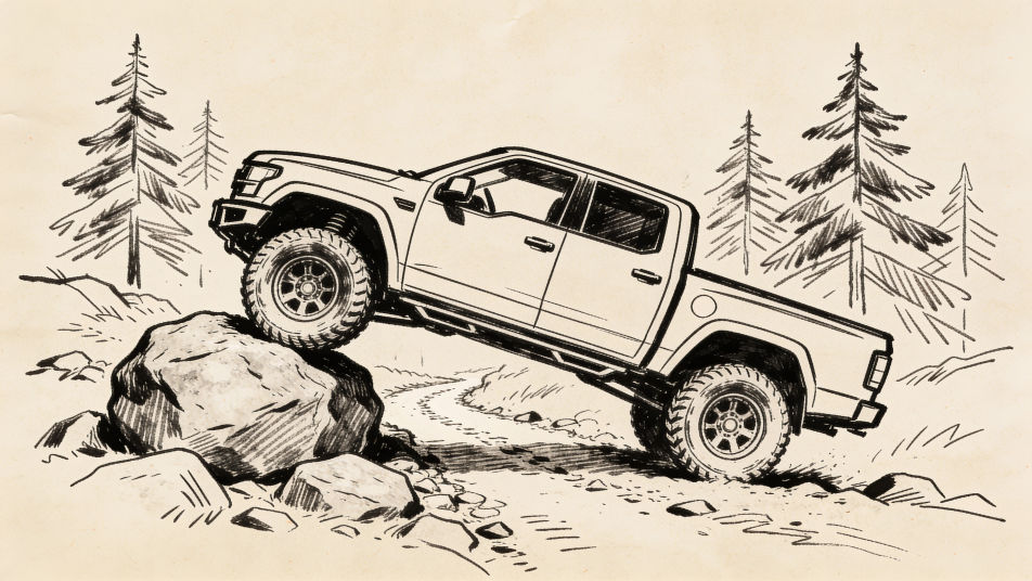 Lifted truck climbing rocks