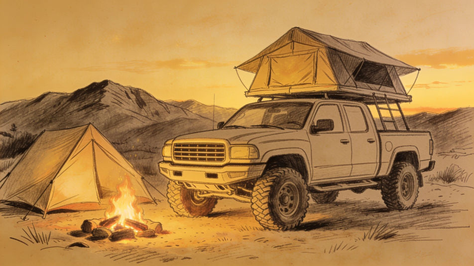 Lifted truck at a campsite
