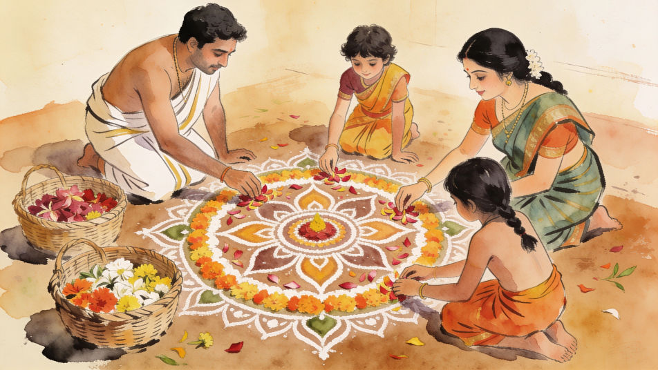 Family making a pookalam