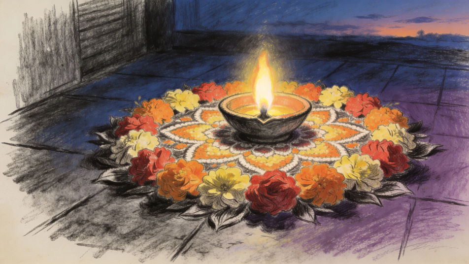 Pookalam with an oil lamp at dusk