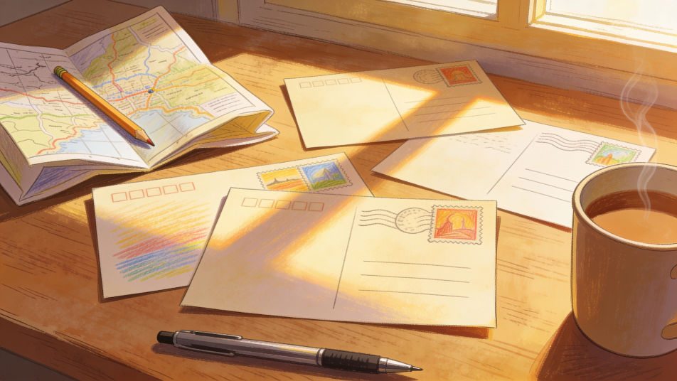 Postcards on a travel desk