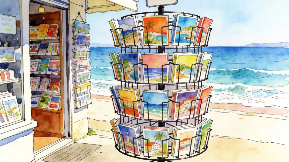 Postcard rack at a gift shop