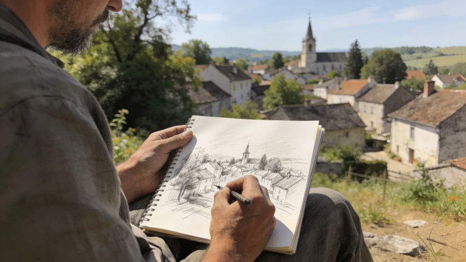 Drawing a postcard outdoors