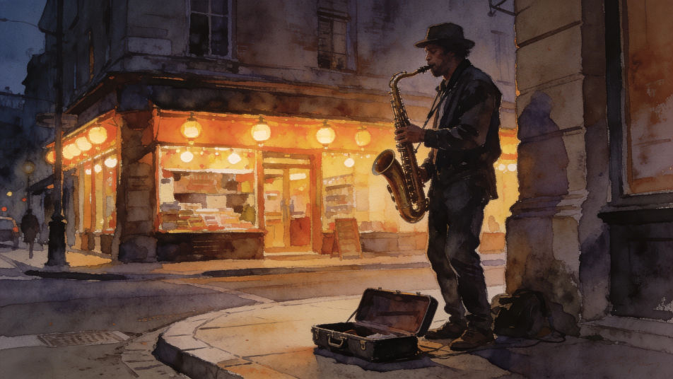 Street musician at dusk