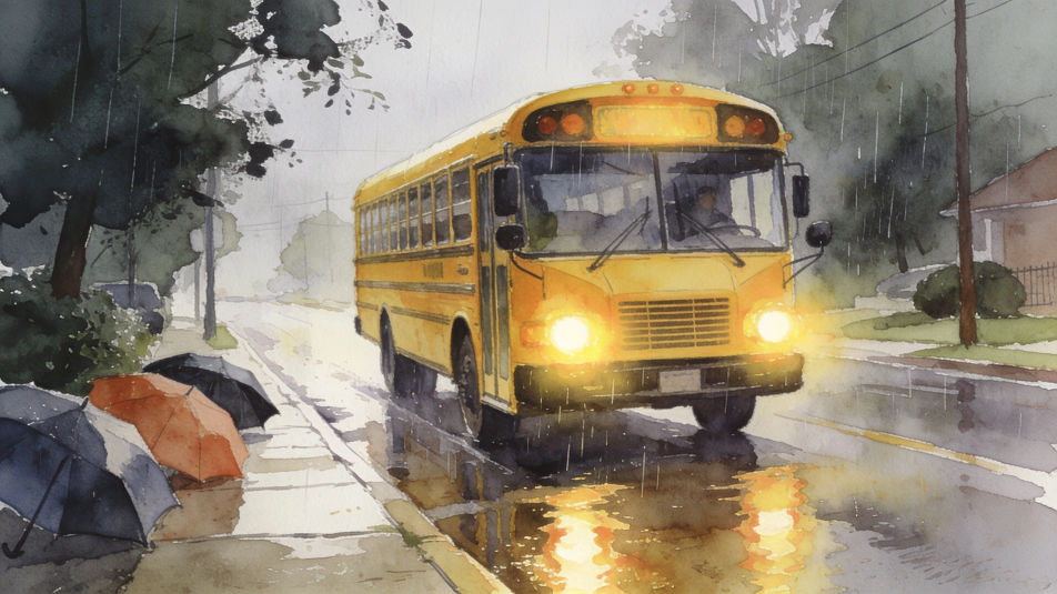 School bus on a rainy morning