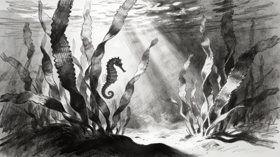 Seahorse in a kelp forest
