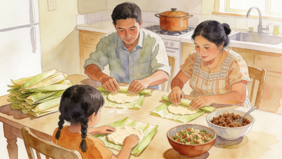 Family tamale making table