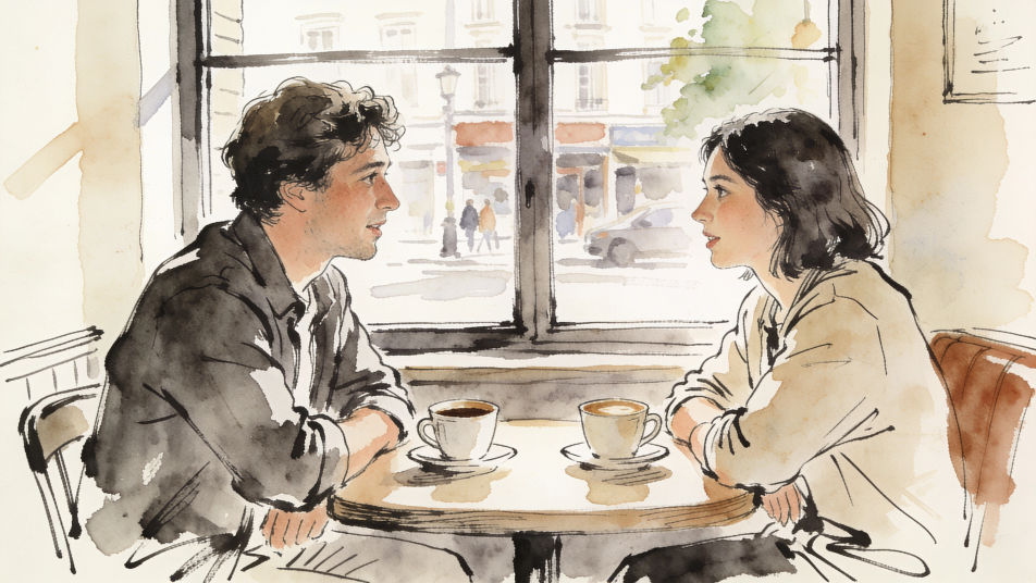 Two people talking at a cafe