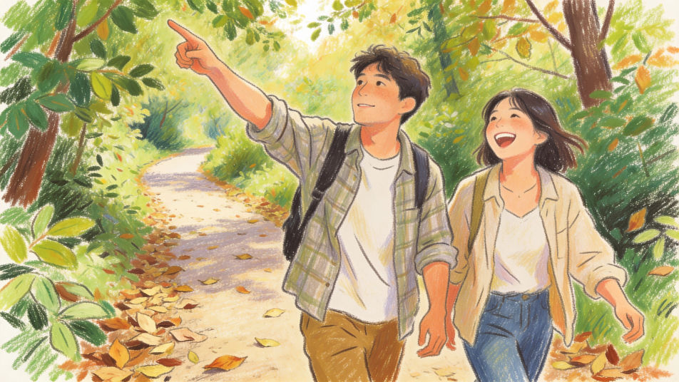Two people talking on a walk
