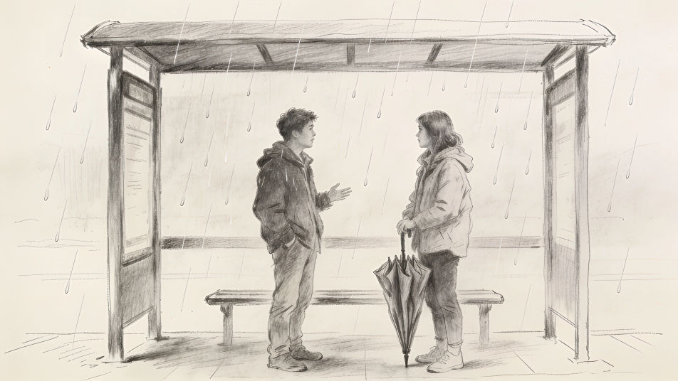 Two people talking at a bus stop