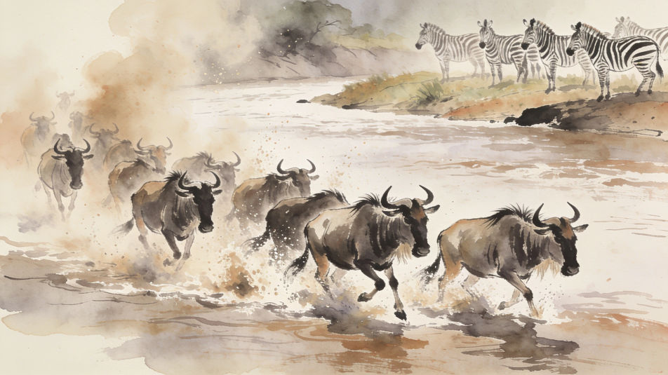 Wildebeest crossing a river
