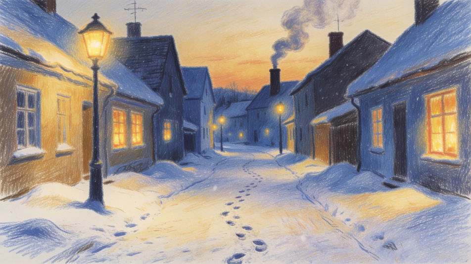 Snowy village street at dusk