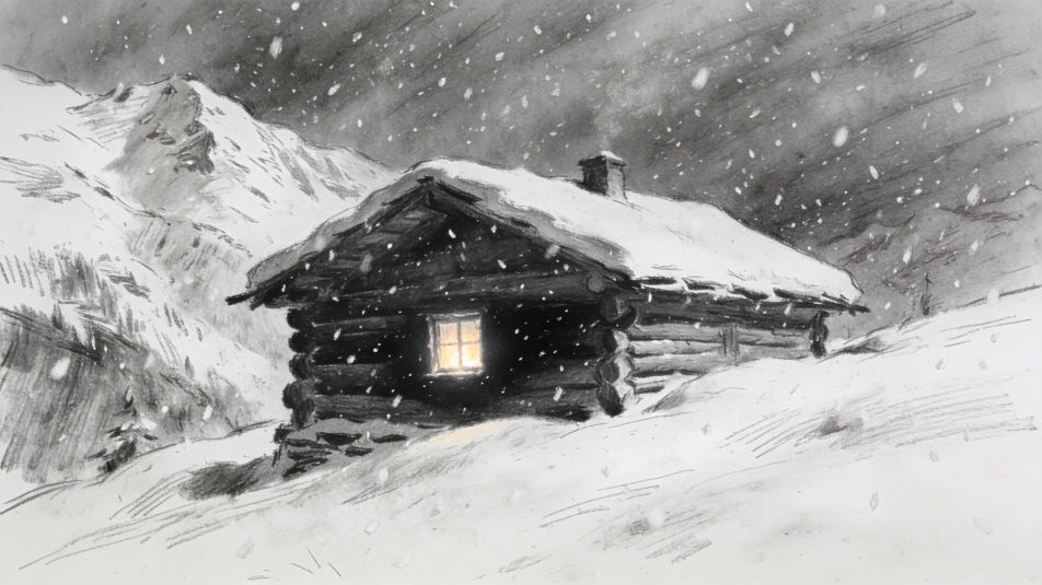 Mountain cabin in a snowfall
